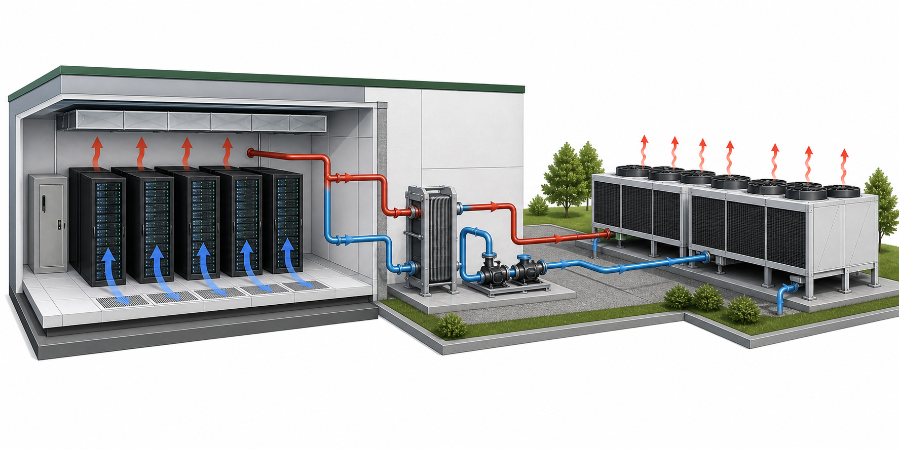 Educational illustration of closed-loop or dry data center cooling