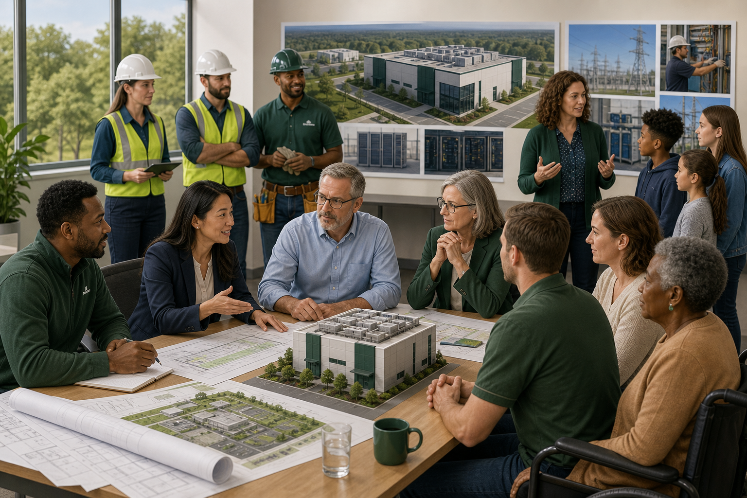 Educational illustration of community members, city officials, students, and technicians discussing a data center project