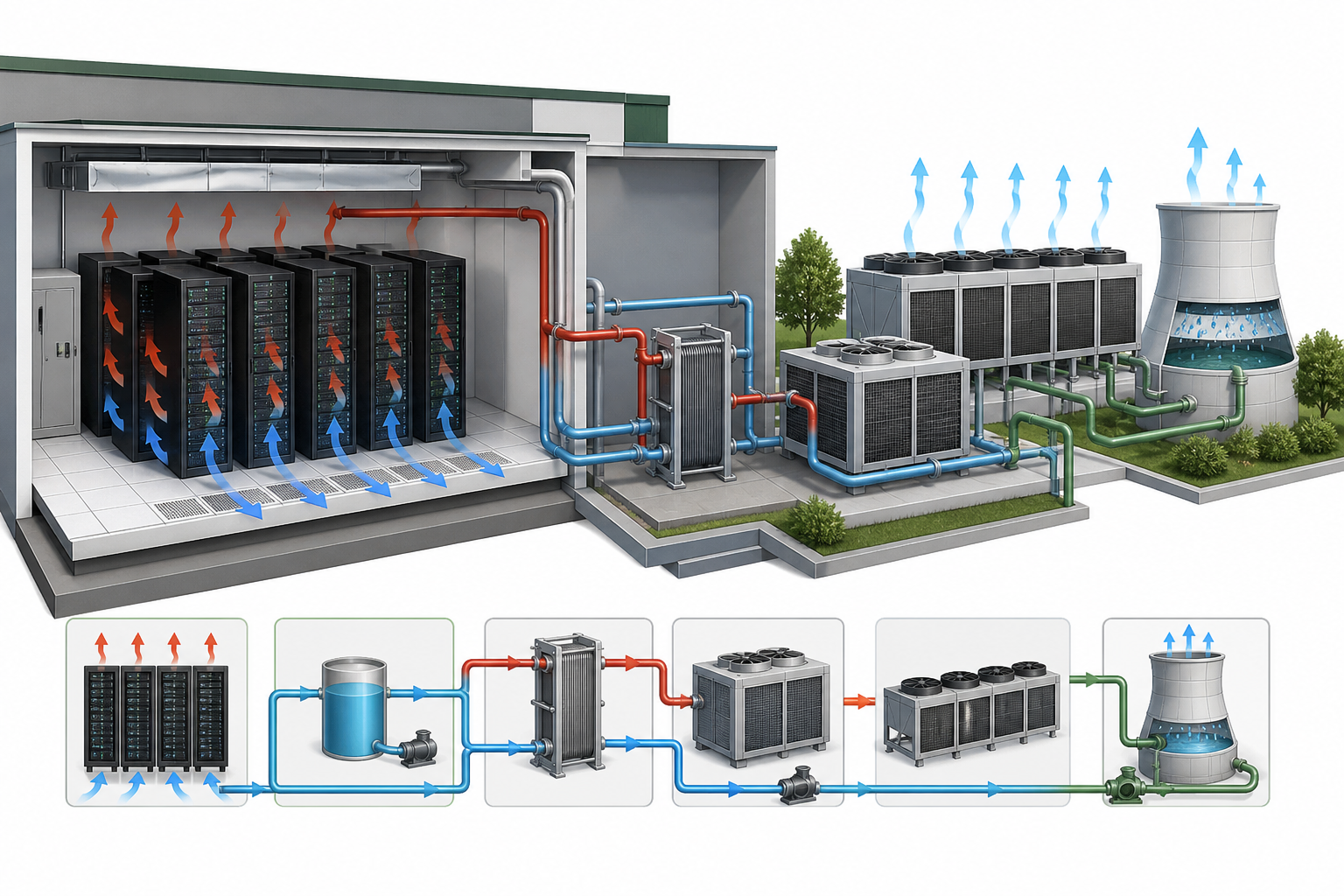 Educational illustration of evaporative data center cooling