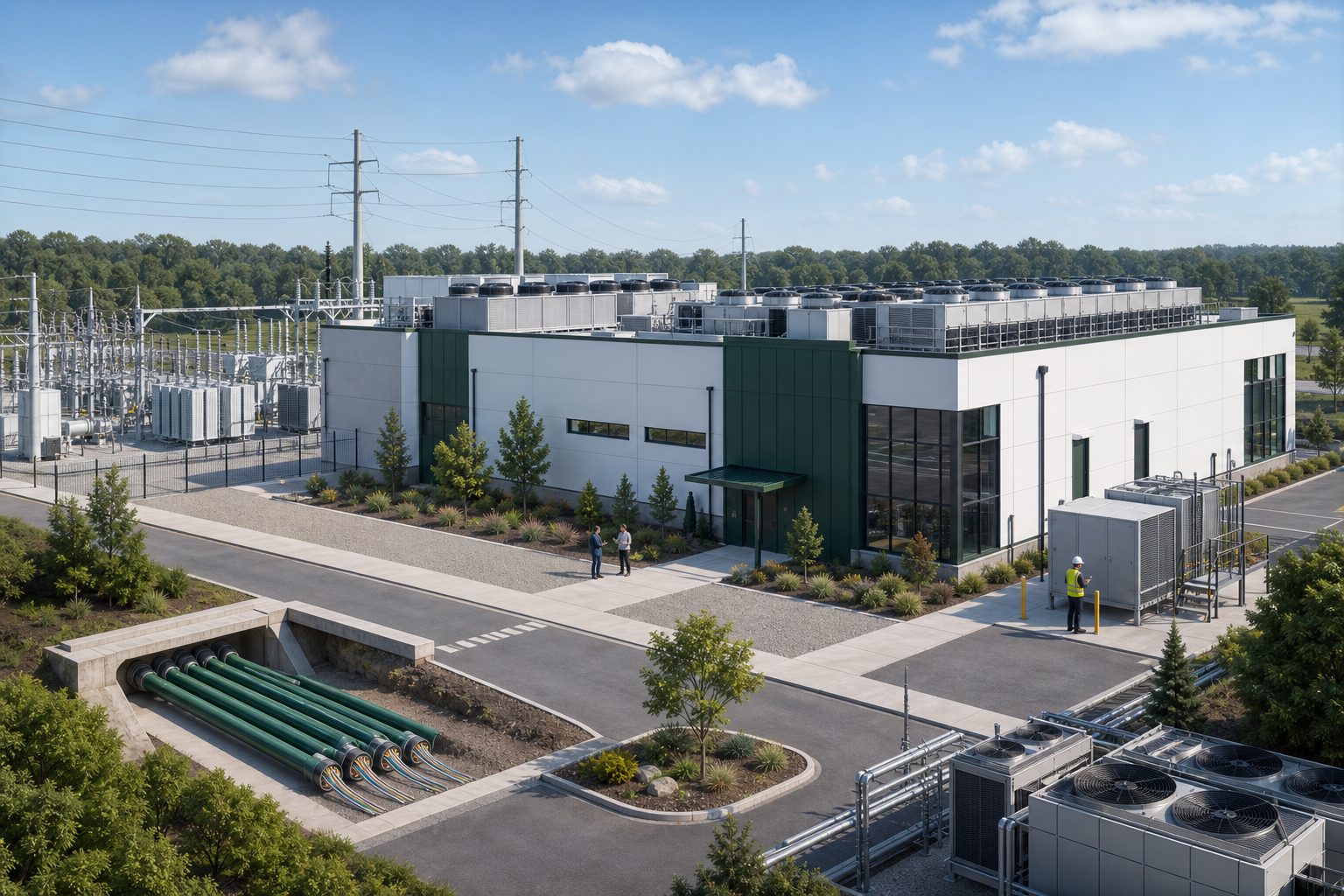 Educational illustration of a modern data center campus