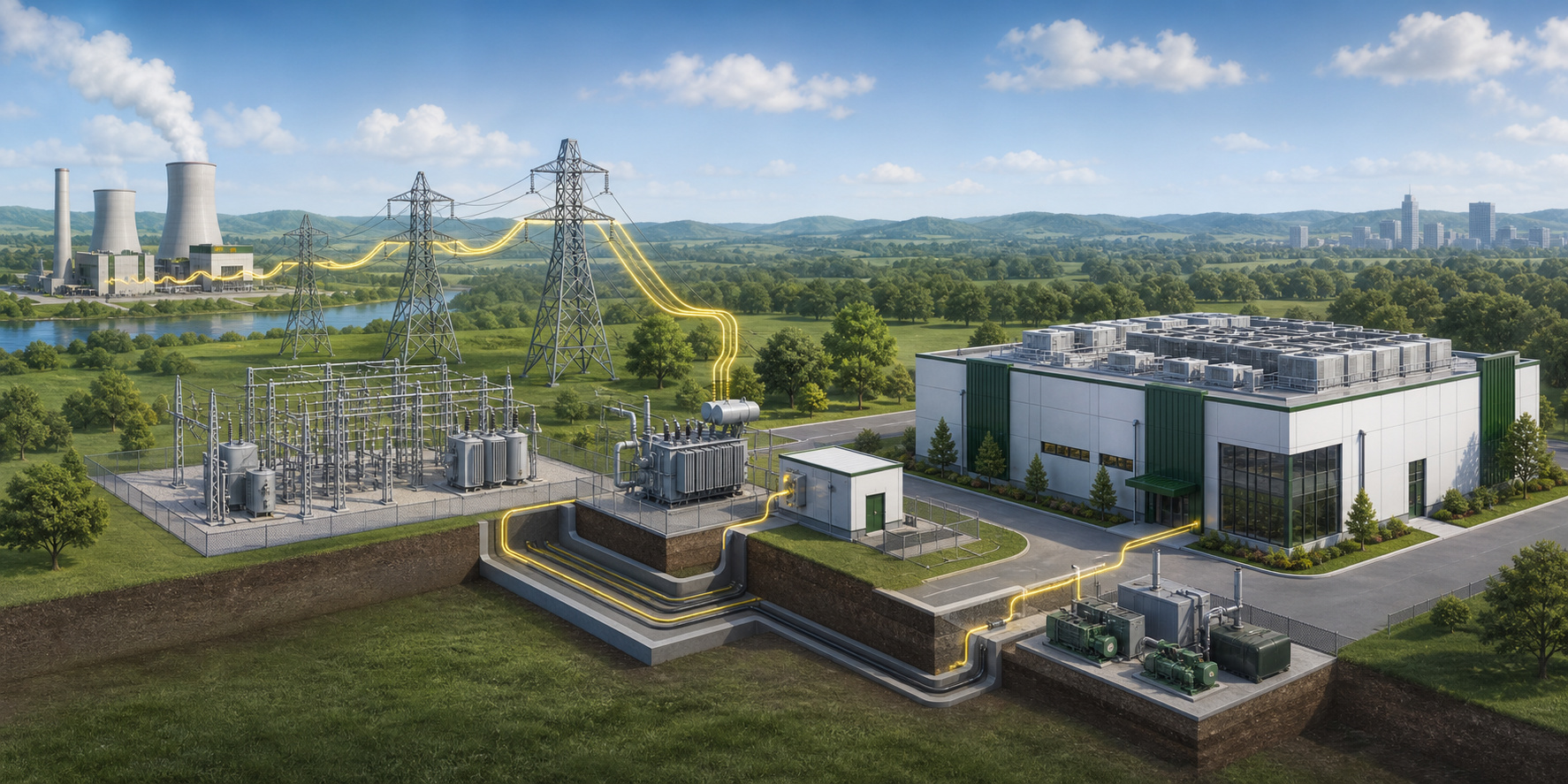 Educational illustration of power moving through grid infrastructure to a data center